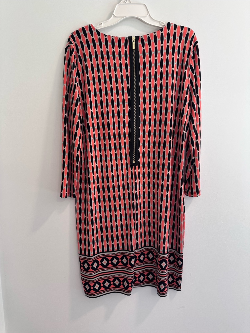 Michael Kors Coral and Black Geometric Long Sleeve Shift Dress - Picture 2 of 7
